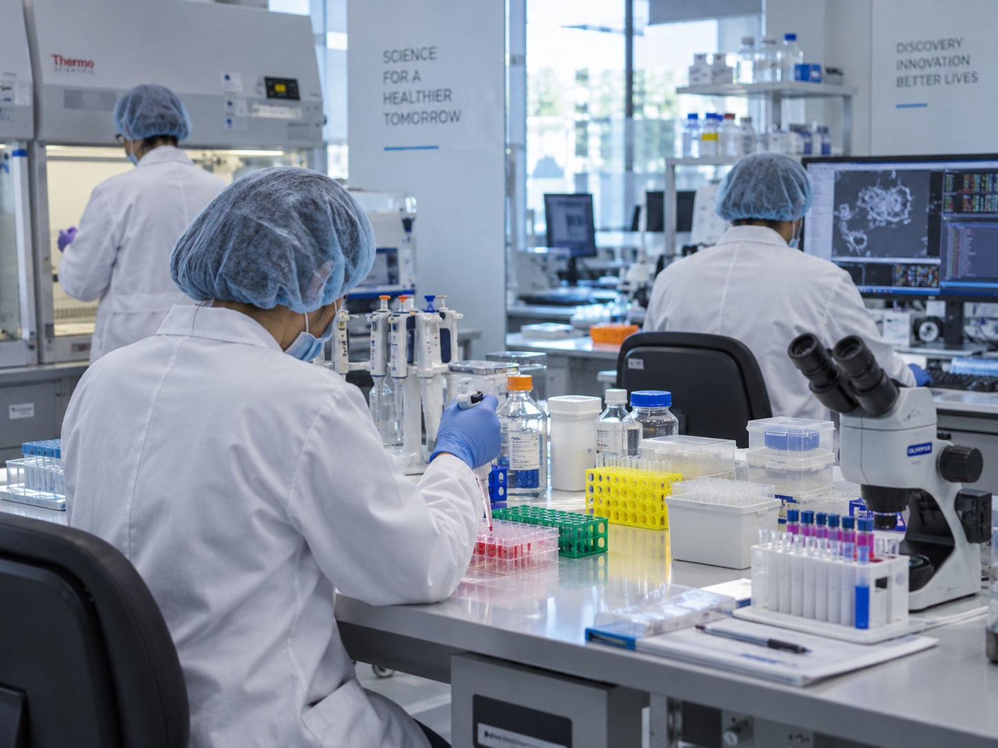 Scientists working with samples and equipment in a laboratory