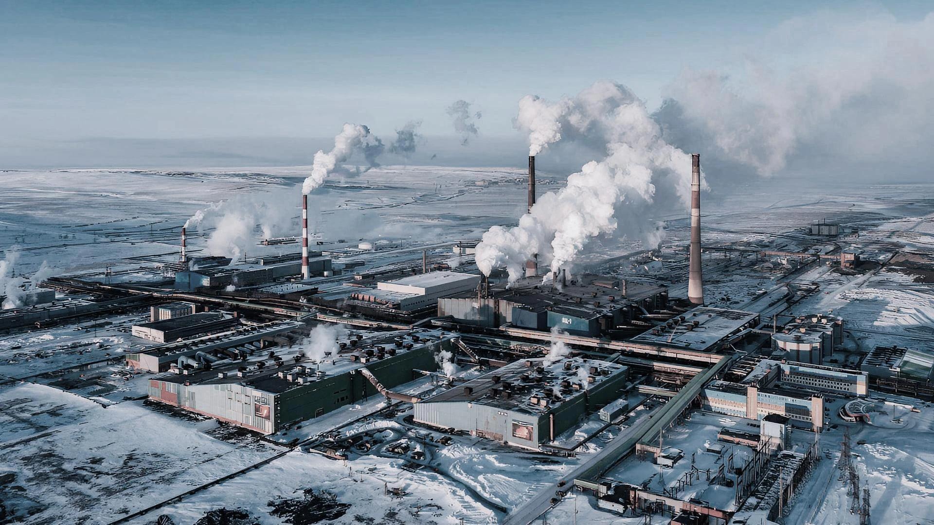Industrial complex with smokestacks in a snowy landscape