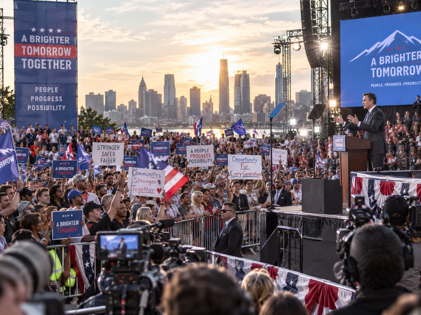 Speaker addressing a large outdoor crowd at sunset