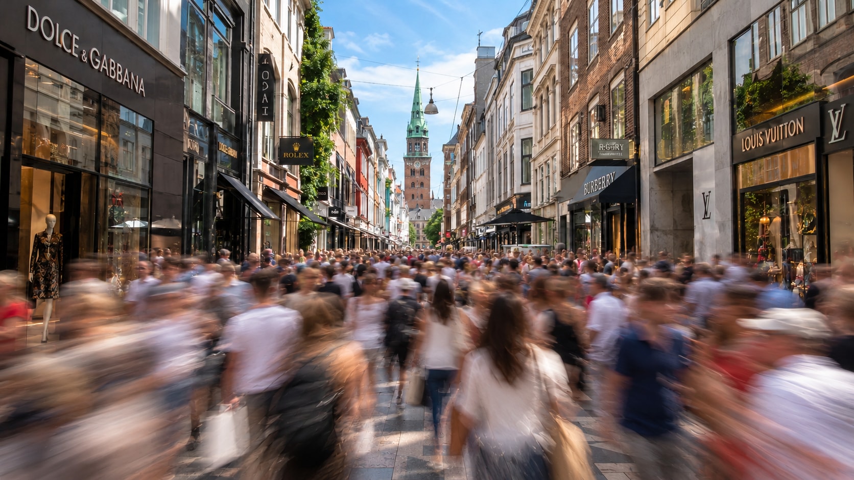 Shoppers on a busy street lined with designer stores