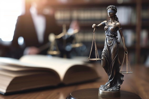 Lady Justice statue beside an open law book, with a lawyer in the background
