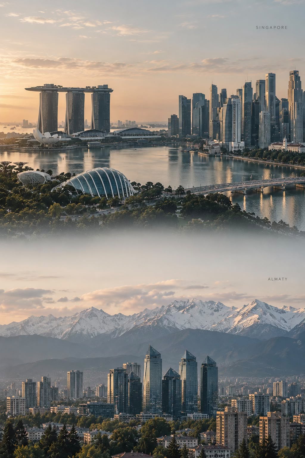 Singapore skyline at sunset above Almaty and the snow-capped mountains of Kazakhstan