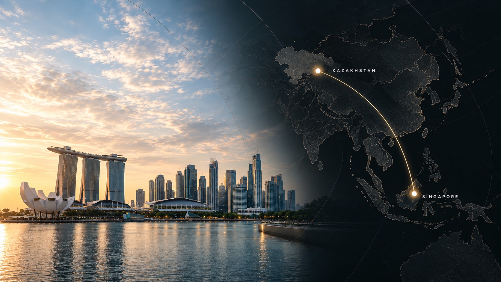 Singapore skyline at sunset and a map connecting Singapore with Kazakhstan